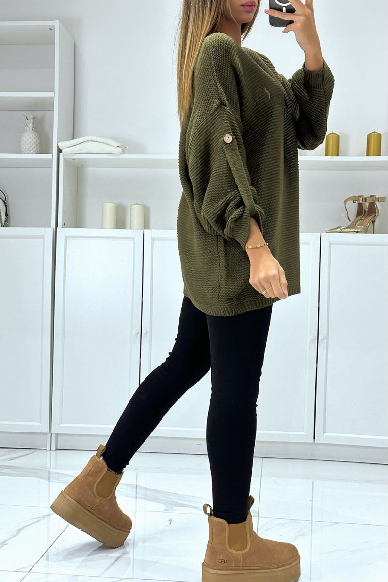 Oversized khaki sweater with puff sleeves and V-neck - 4