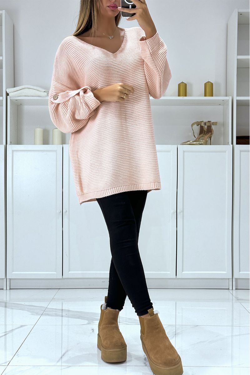 Oversized pink sweater with puff sleeves and V-neck - 1