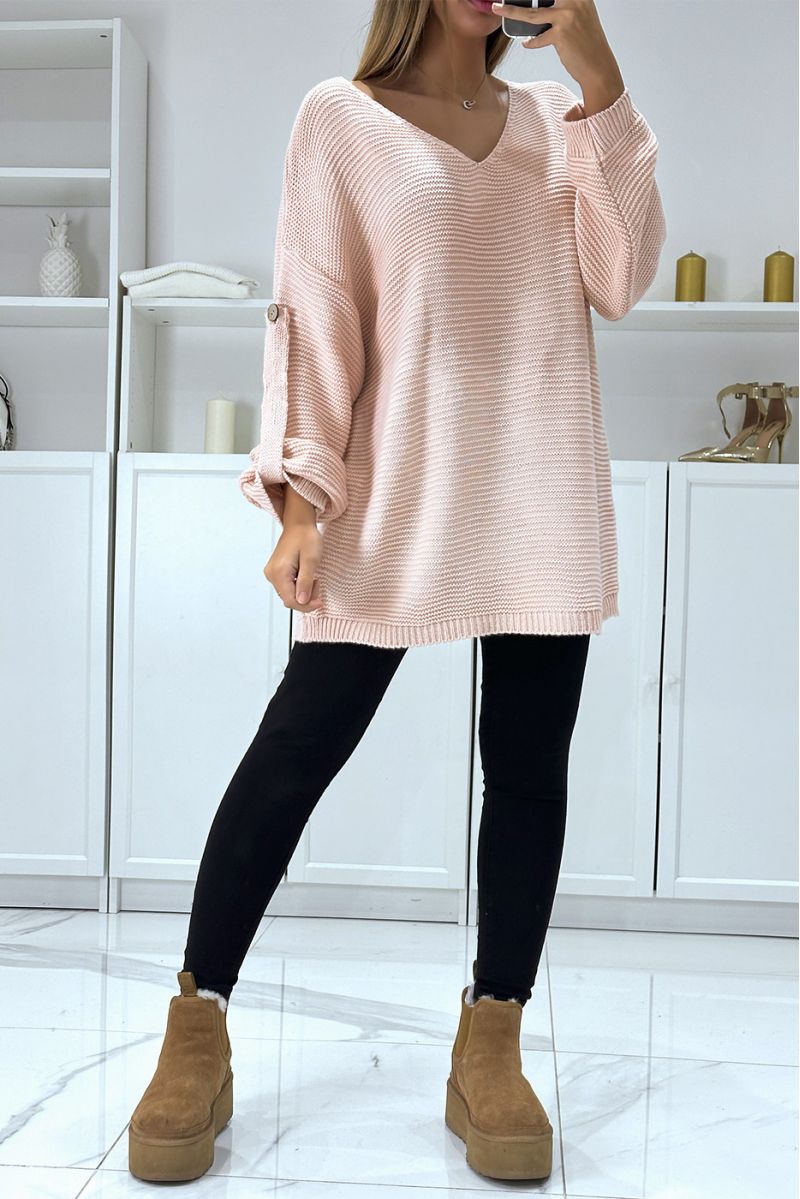 Oversized pink sweater with puff sleeves and V-neck - 2