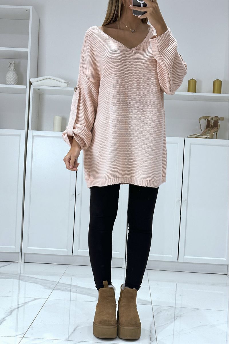 Oversized roze sweater met pofmouwen en V-hals - 3