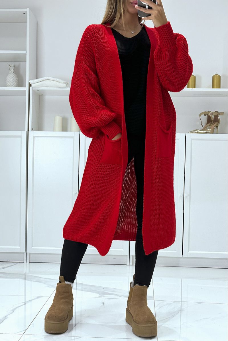Long red chunky knit puff sleeve cardigan - 1