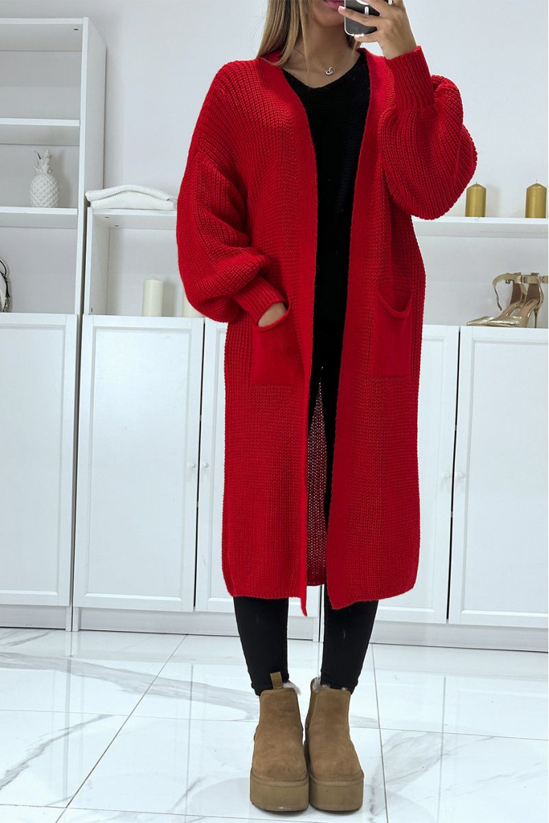 Long red chunky knit puff sleeve cardigan - 2