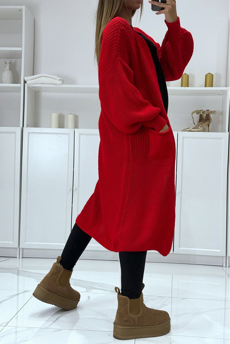 Long red chunky knit puff sleeve cardigan - 3