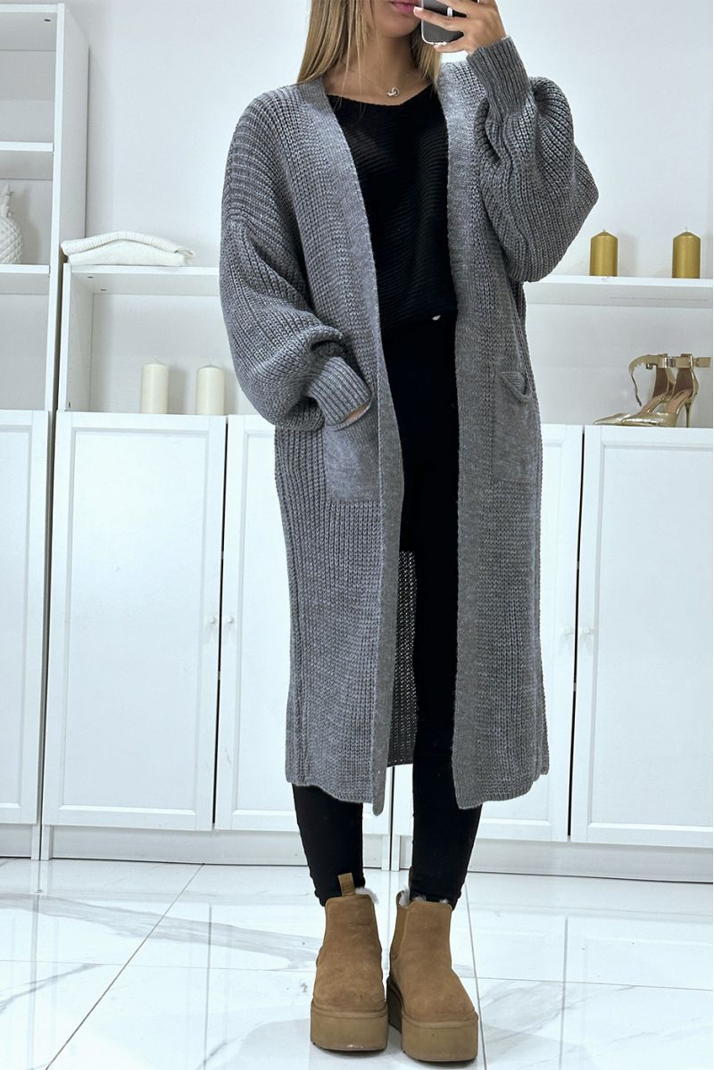 Long anthracite cardigan with chunky puff sleeves - 1