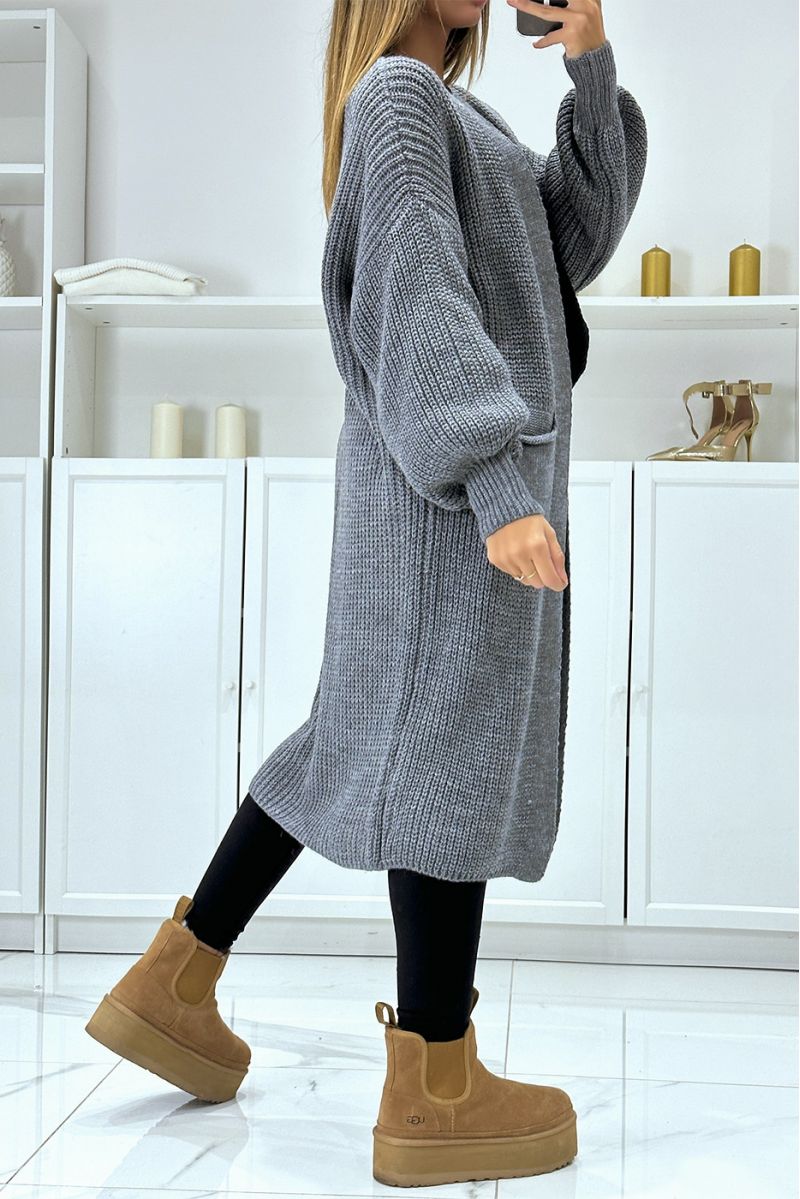 Long anthracite cardigan with chunky puff sleeves - 3