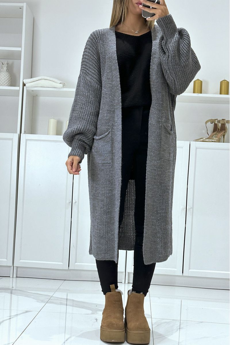 Long anthracite cardigan with chunky puff sleeves - 4