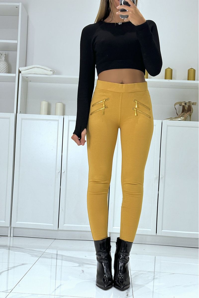 Mustard faux zip pocket high waist slim pants - 1