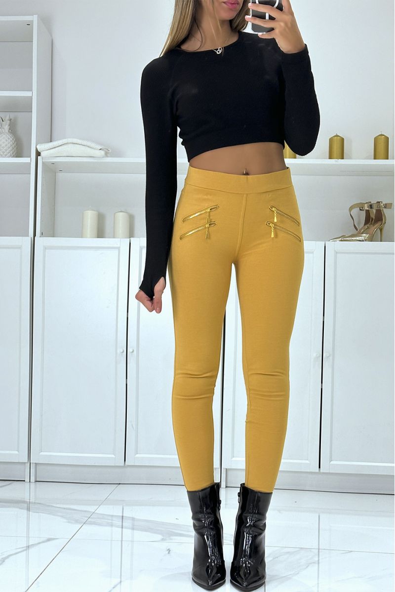 Mustard faux zip pocket high waist slim pants - 2