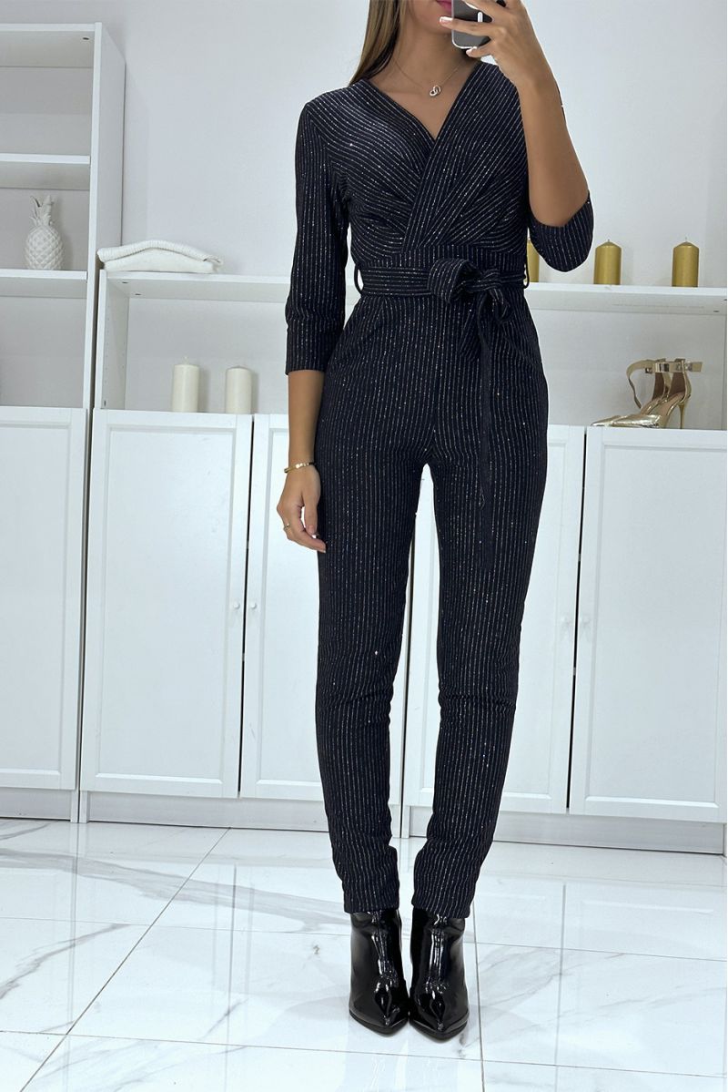 Navy evening jumpsuit with silver stripe and crossover collar - 1