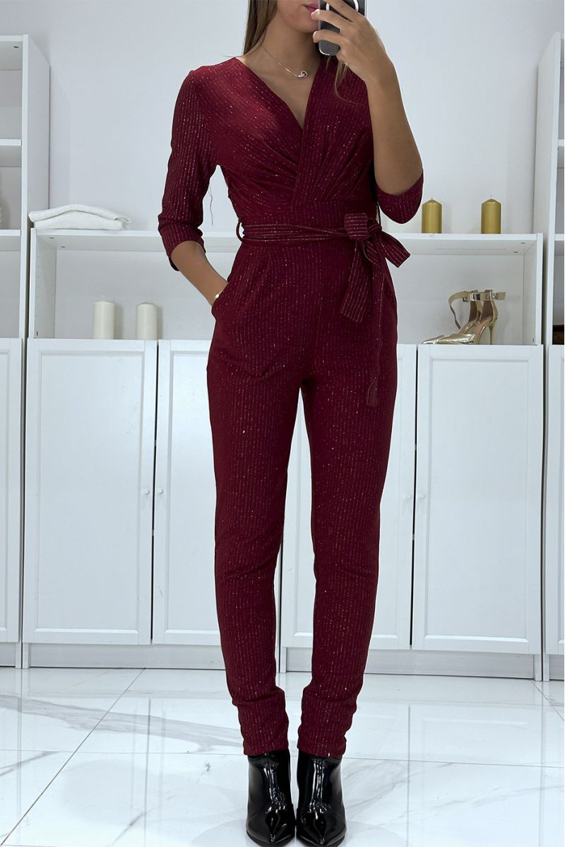 Burgundy evening jumpsuit with silver stripe and crossover collar - 2