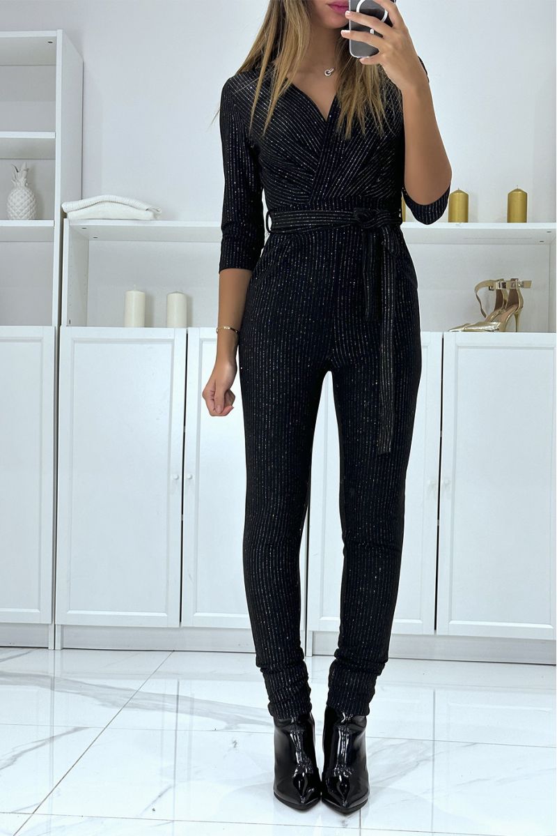 Black evening jumpsuit with silver stripe and crossover collar - 1