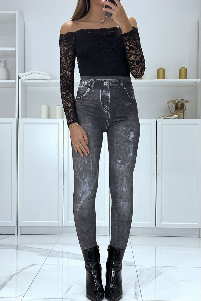 Black high-waisted fleece leggings with faded and ripped denim pattern - 1