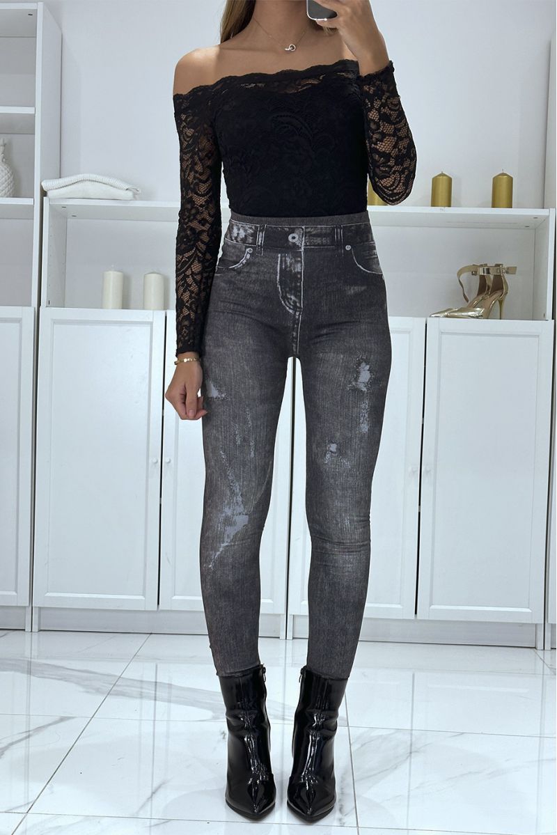 Black high-waisted fleece leggings with faded and ripped denim pattern - 2
