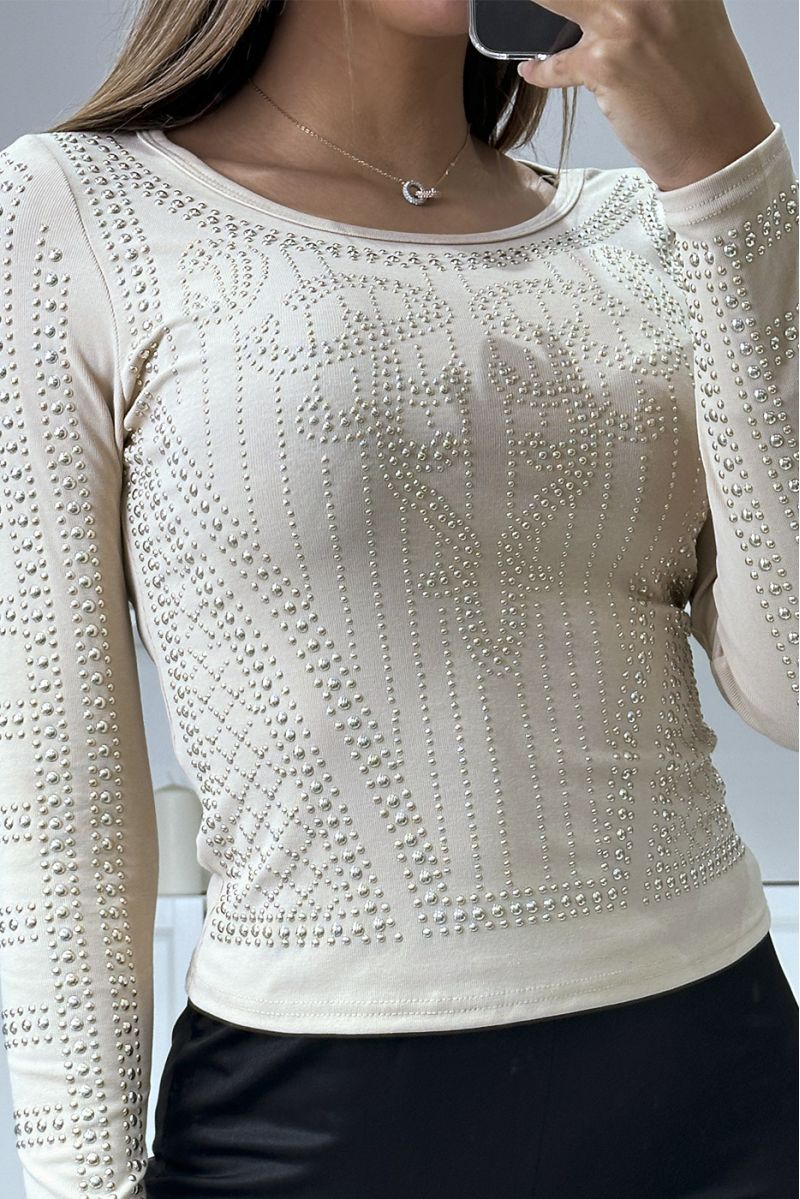Beige top met lange mouwen en mooi noppenpatroon - 1