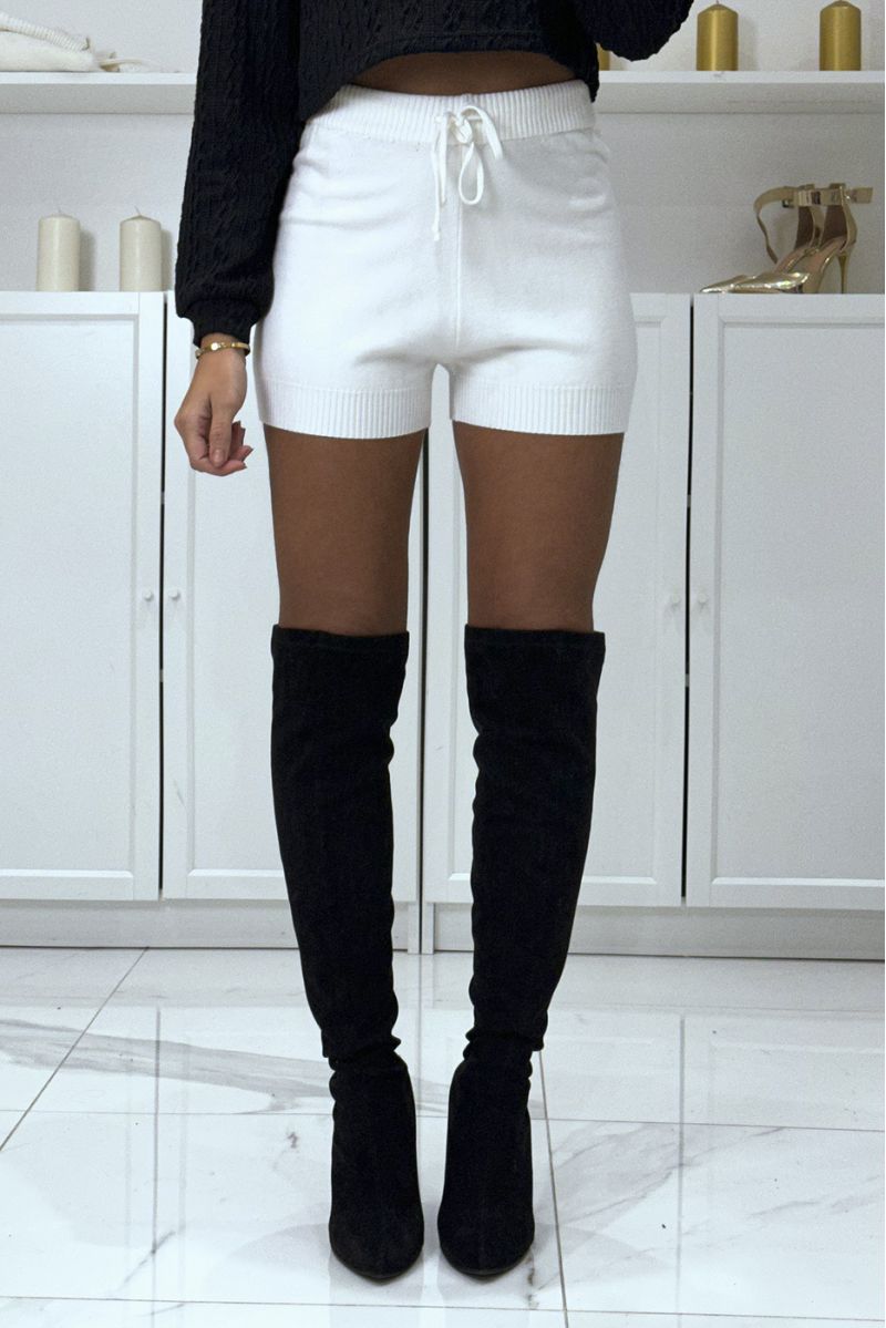 White stretch knit shorts with drawstring at the waist - 1