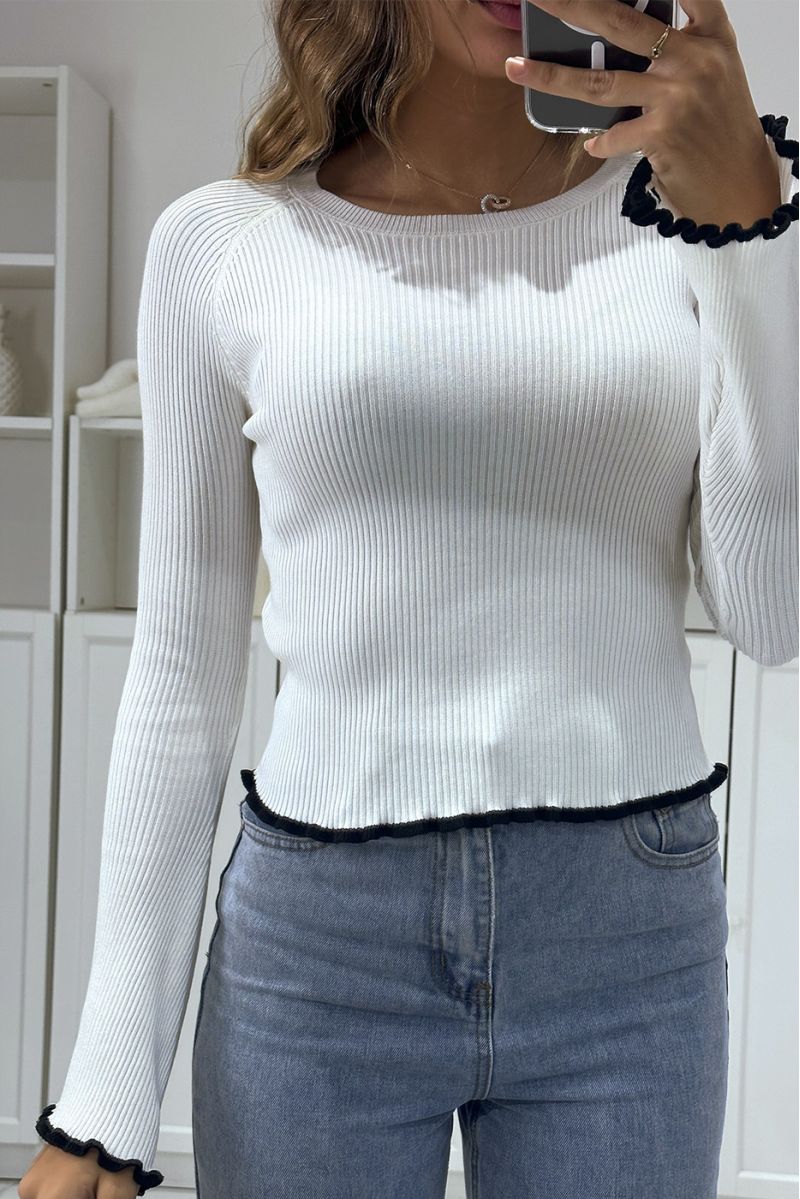 White stretch rib knit jumper with flared sleeves - 1