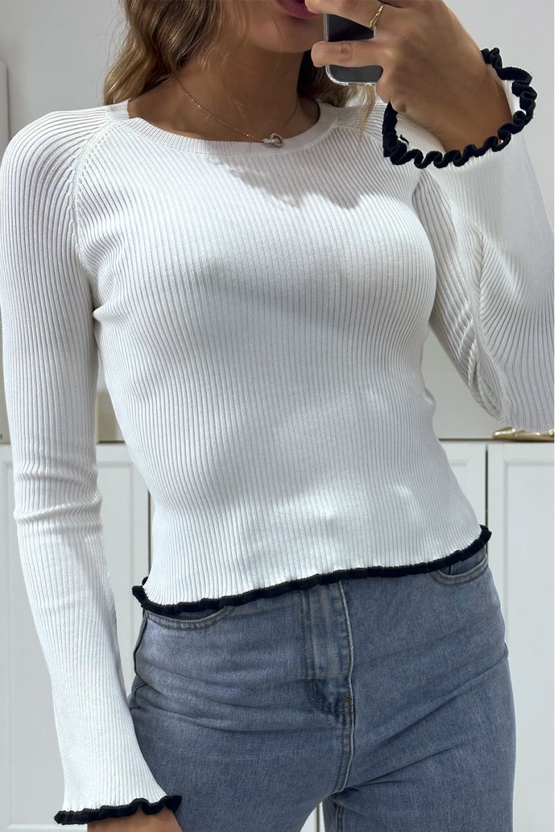 Witte stretch ribgebreide trui met wijd uitlopende mouwen - 3