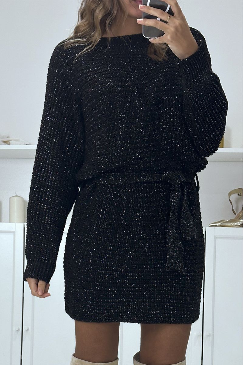 Robe pull noire over size en grosse maille avec ceinture  - 1