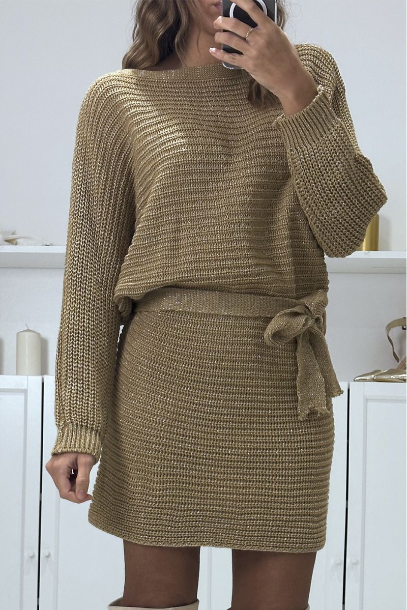Robe pull camel over size en grosse maille avec ceinture  - 2
