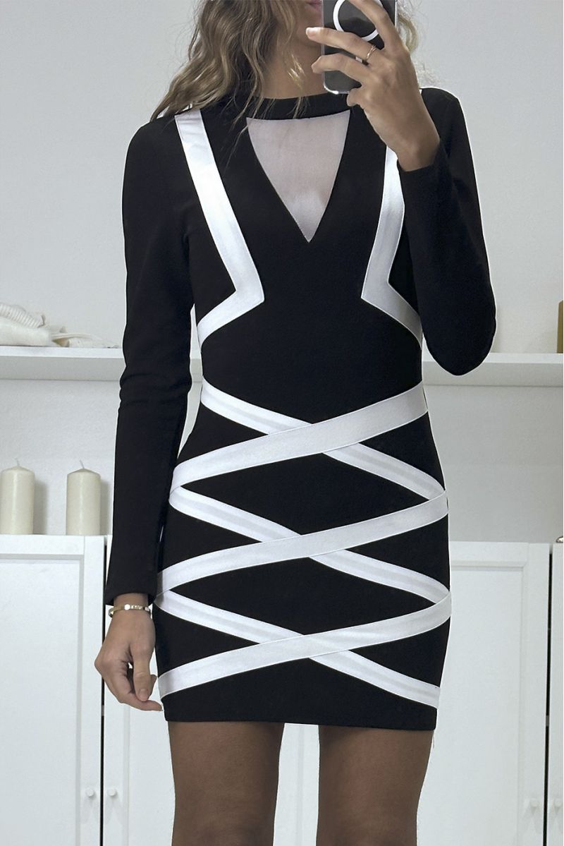 Zeer stijlvolle zwarte jurk met witte band - 3
