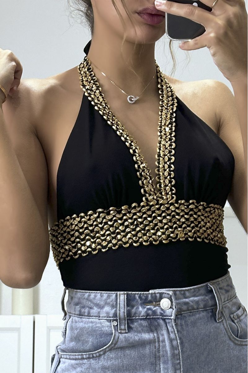 Black backless bodysuit with gold sequined band - 1