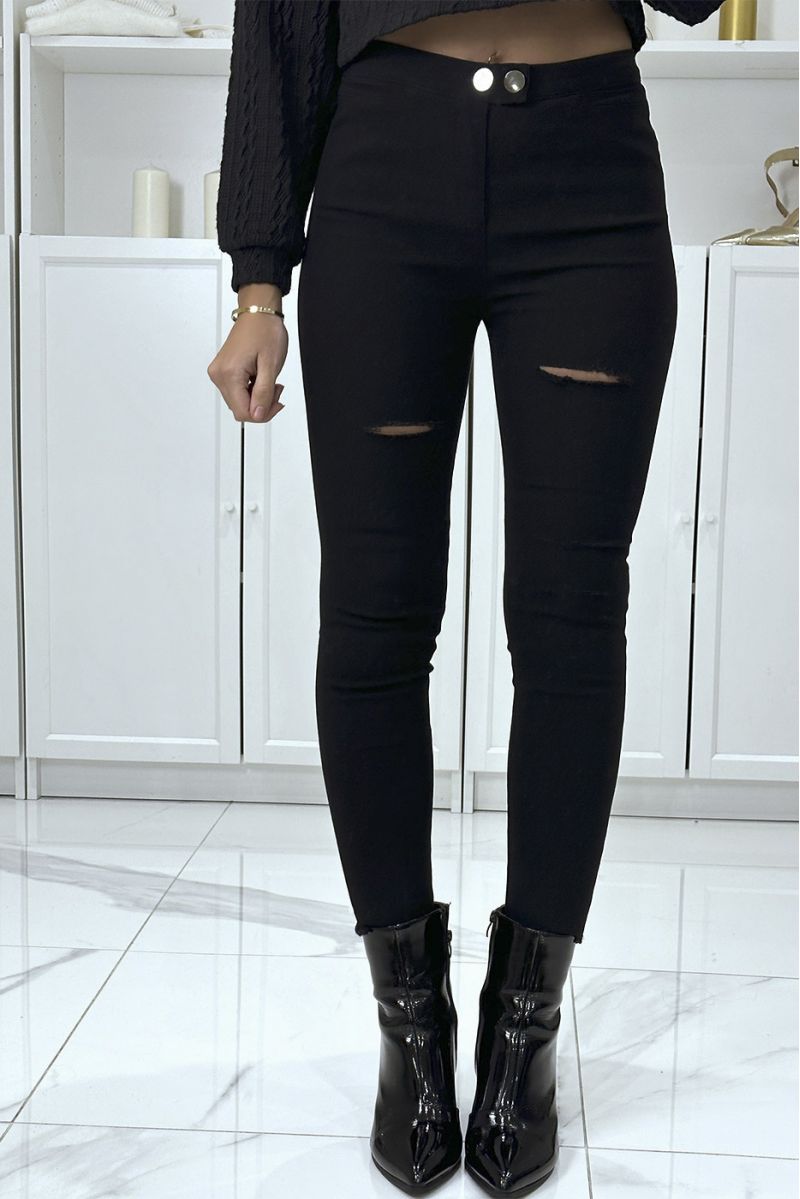 Black Ripped Front Stretch Skinny Pants - 1