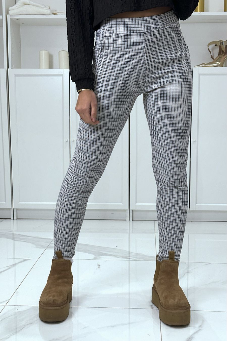 Pantalon slim blanc extensible à motif pied de poule