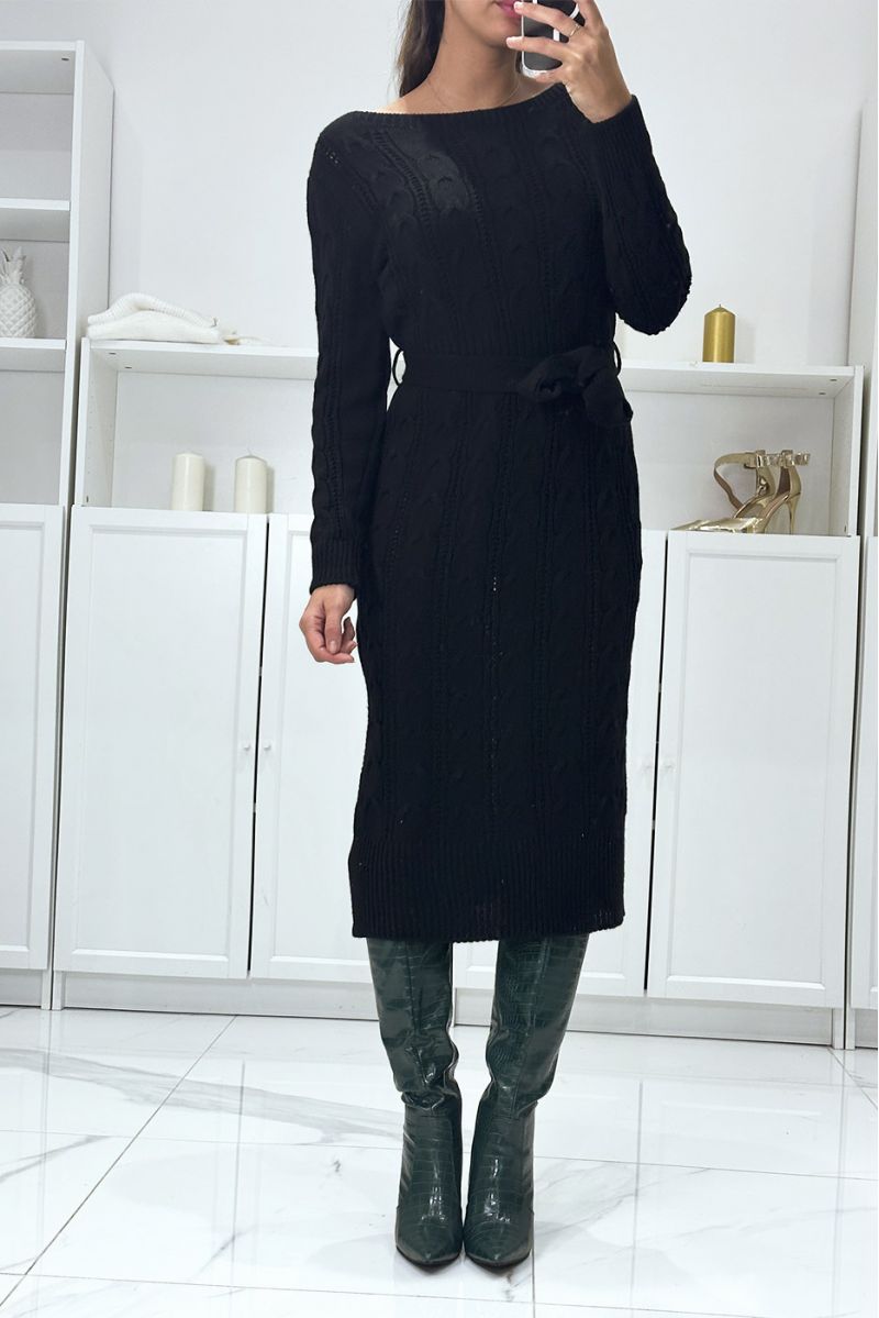 Long braided black sweater dress with belt - 3