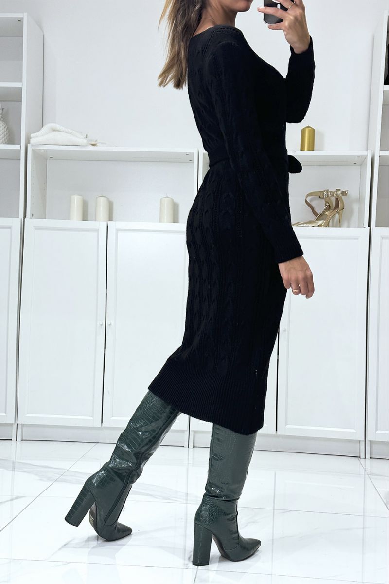 Long braided black sweater dress with belt - 4