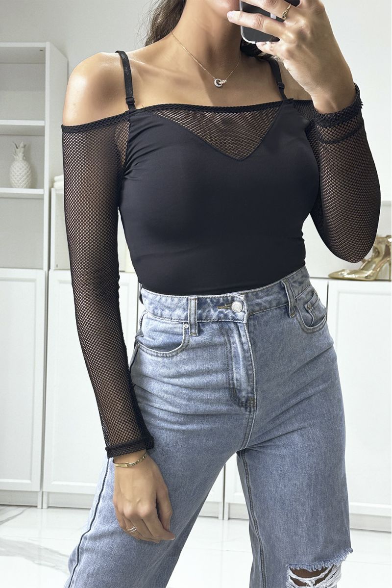 Black boat neck bodysuit with mesh sleeves and bust - 1