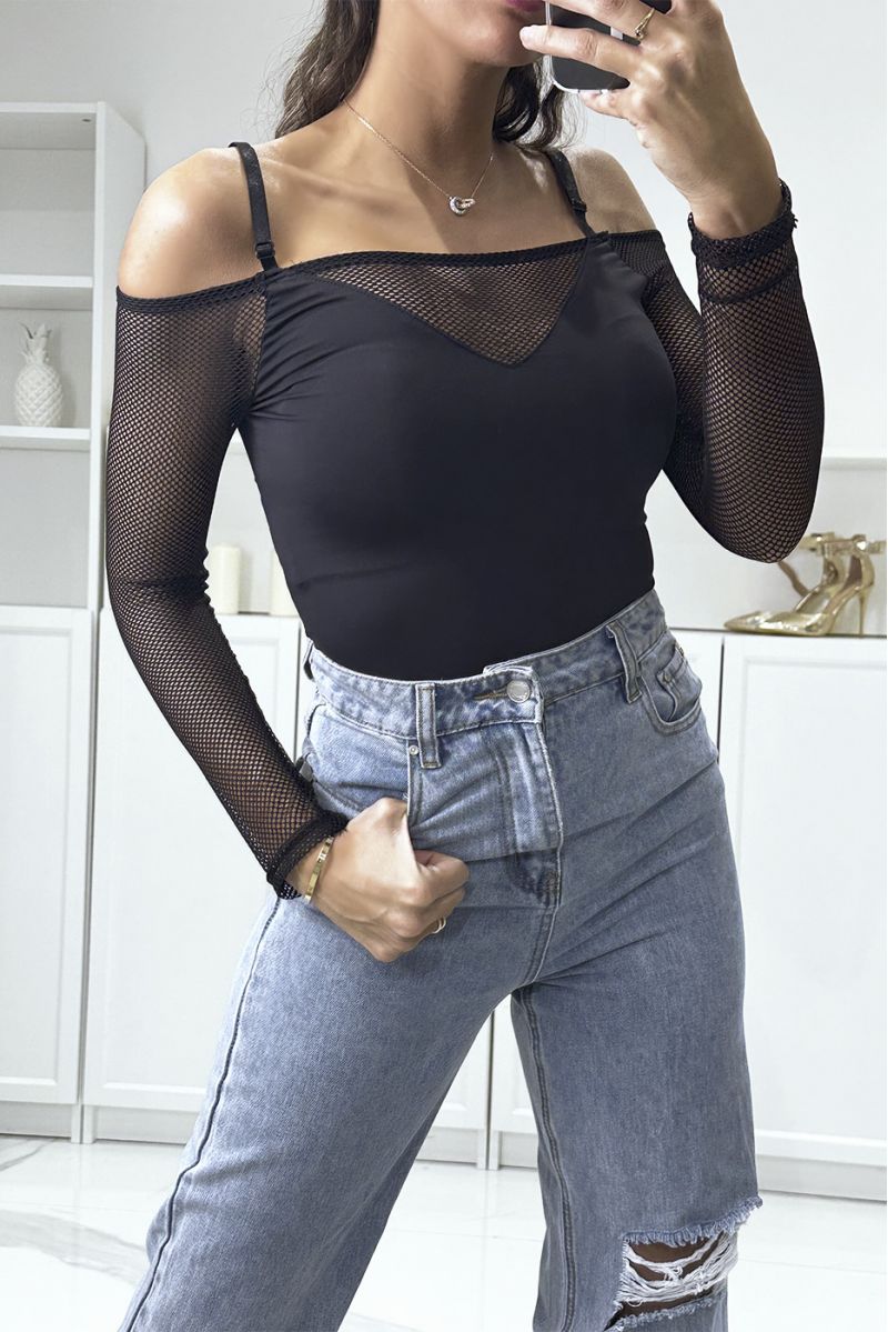Black boat neck bodysuit with mesh sleeves and bust - 2