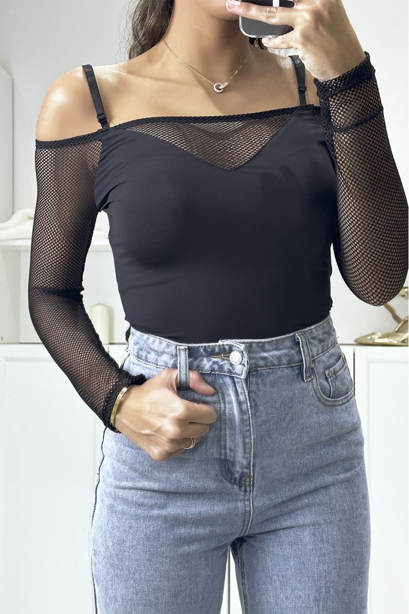 Black boat neck bodysuit with mesh sleeves and bust - 3