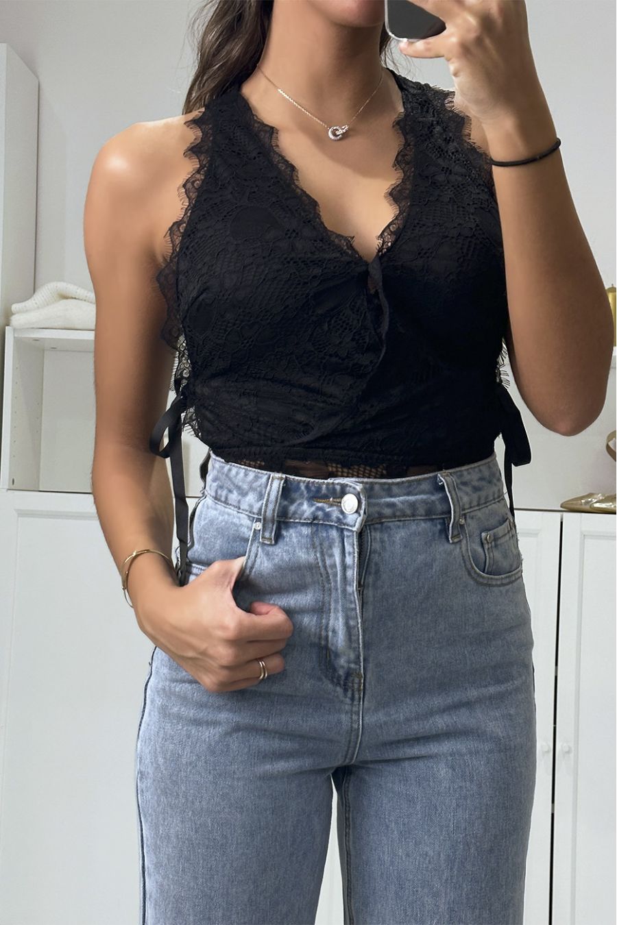 Black lace bodysuit crossed in front and bow on the sides - 1