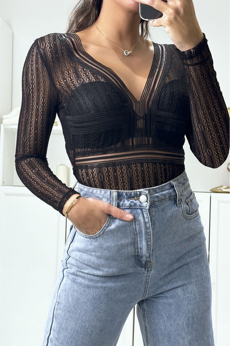 Black lace V-neck bodysuit with back opening - 2