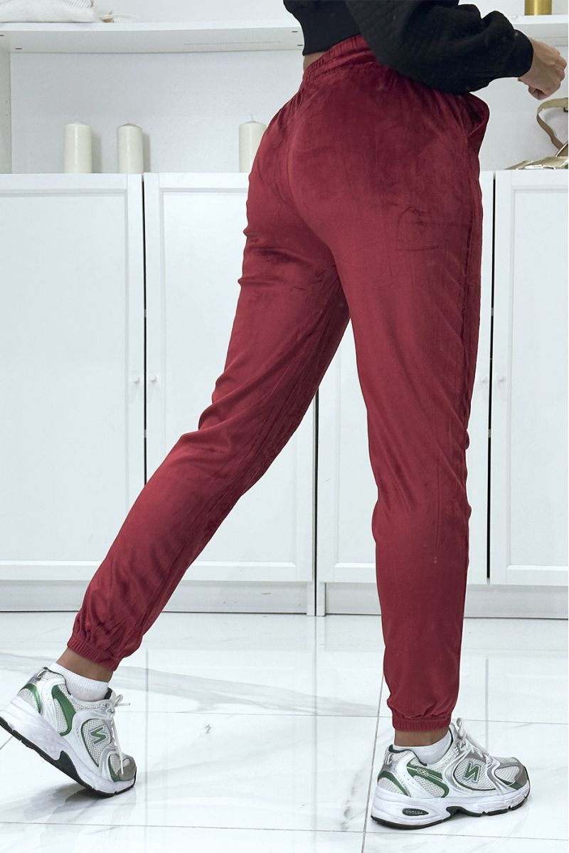 Burgundy peach skin jogging pants with pockets - 3