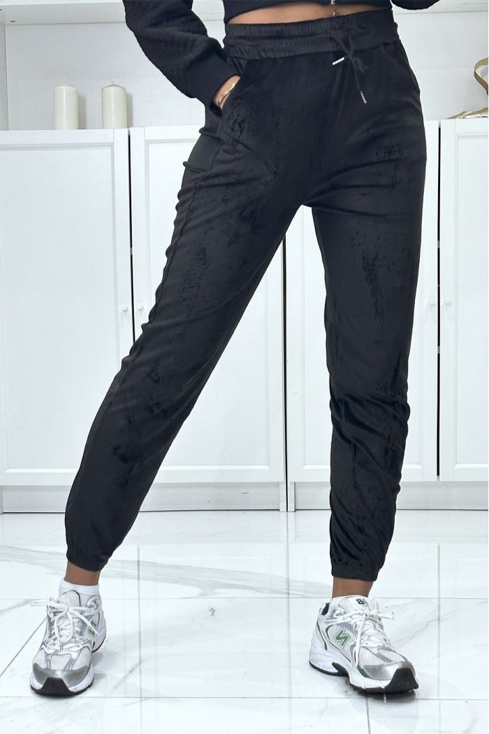 Pantalon jogging noir en peau de pêche avec poches