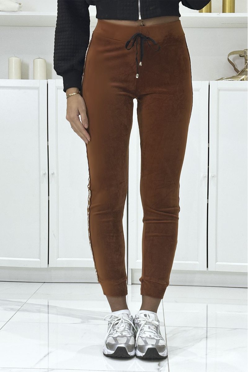 Cognackleurige peachskin joggingbroek met J'adore banden - 1