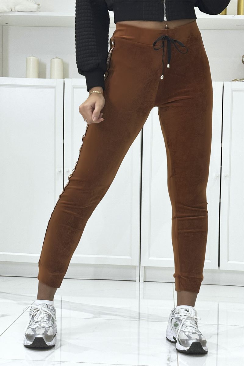 Cognackleurige peachskin joggingbroek met J'adore banden - 2