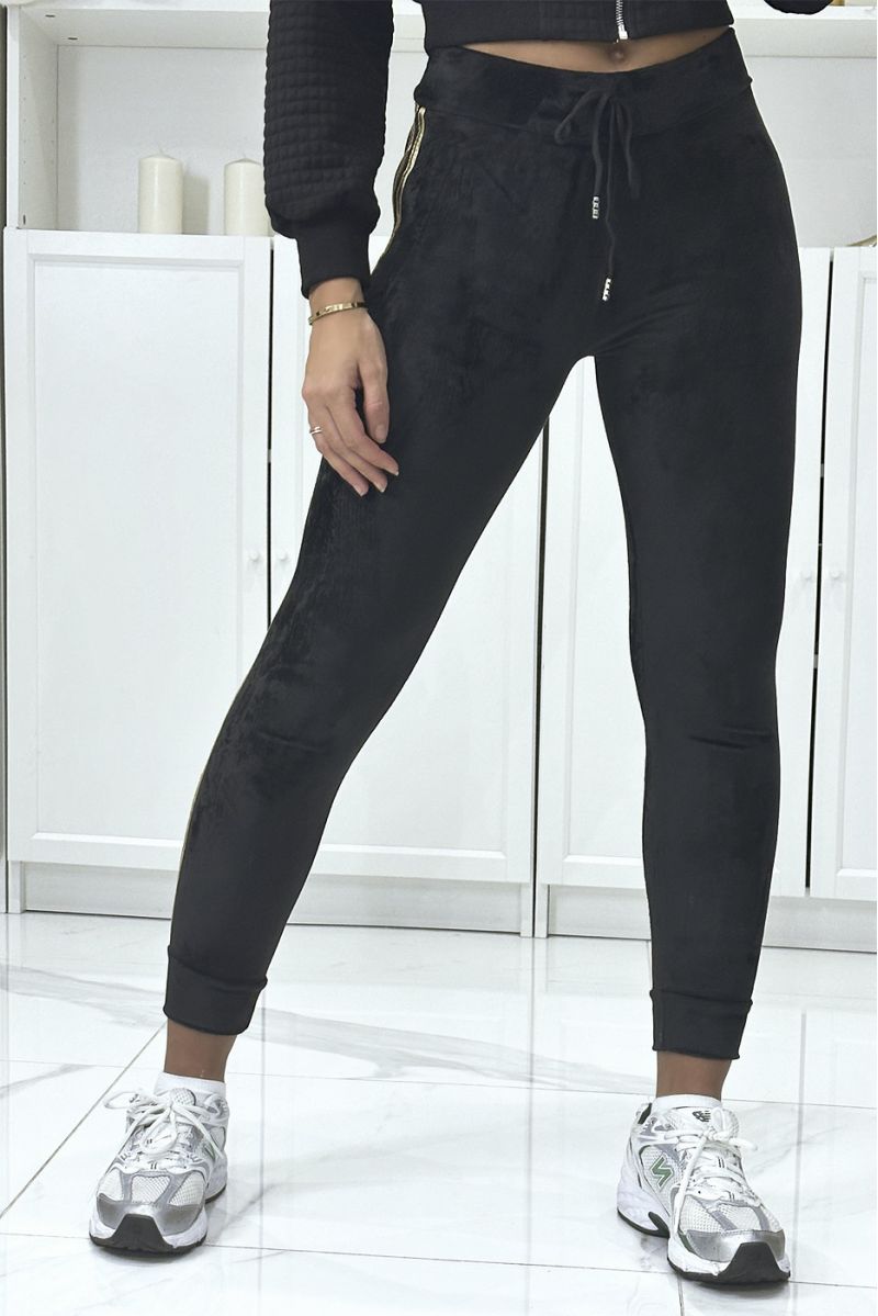 Black peach skin joggers with two gold stripes on the sides - 1