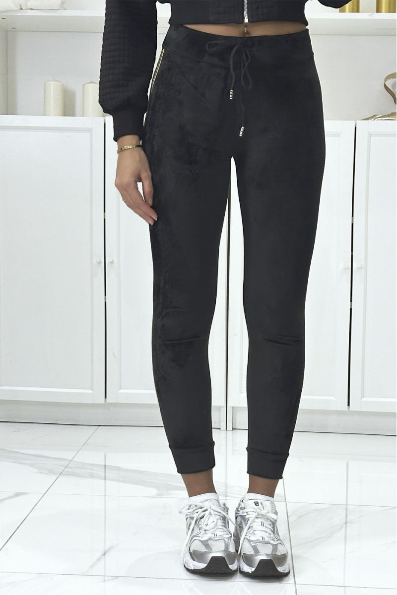 Black peach skin joggers with two gold stripes on the sides - 2