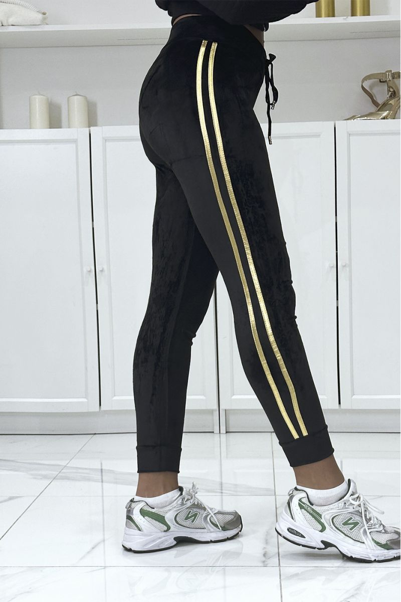 Black peach skin joggers with two gold stripes on the sides - 4