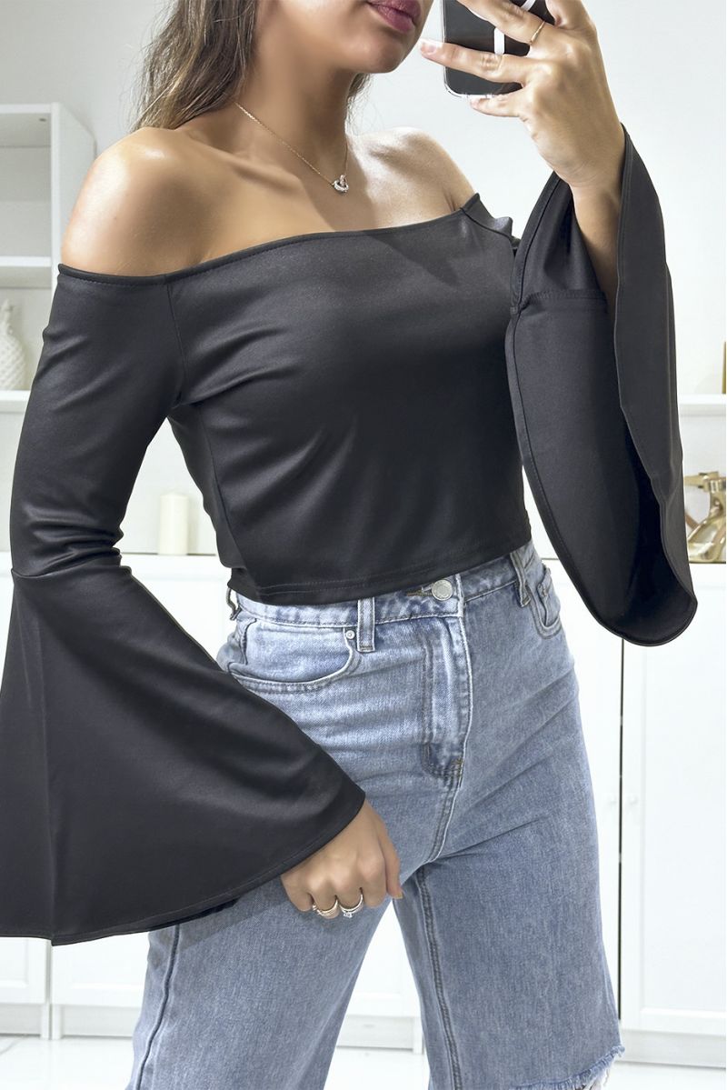 Black boat neck crop top with flared sleeve - 2