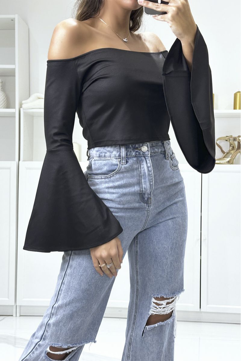 Black boat neck crop top with flared sleeve - 3