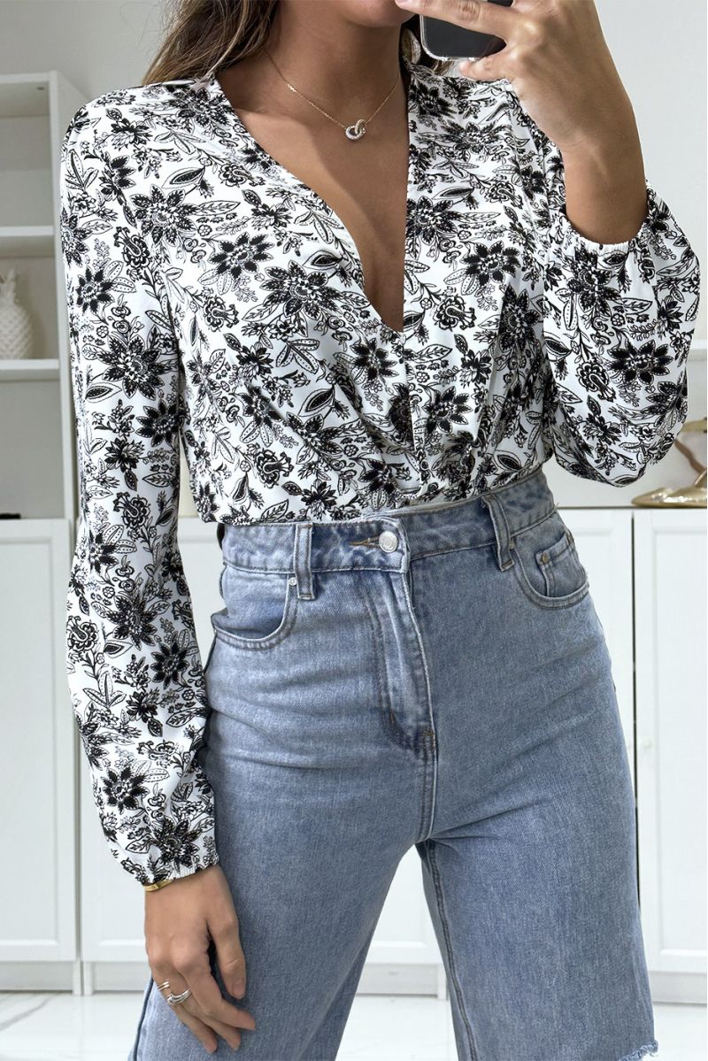 White and black wrap bodysuit with floral pattern - 1