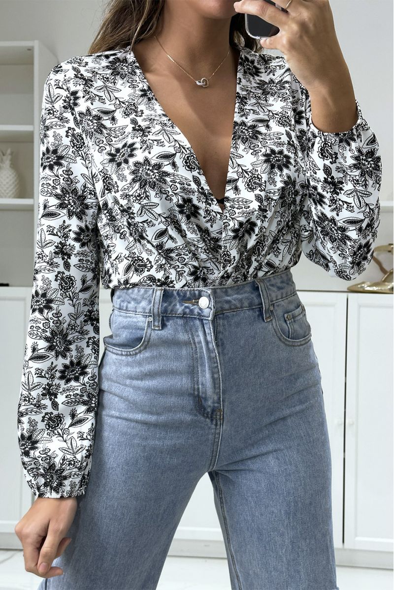 White and black wrap bodysuit with floral pattern - 2