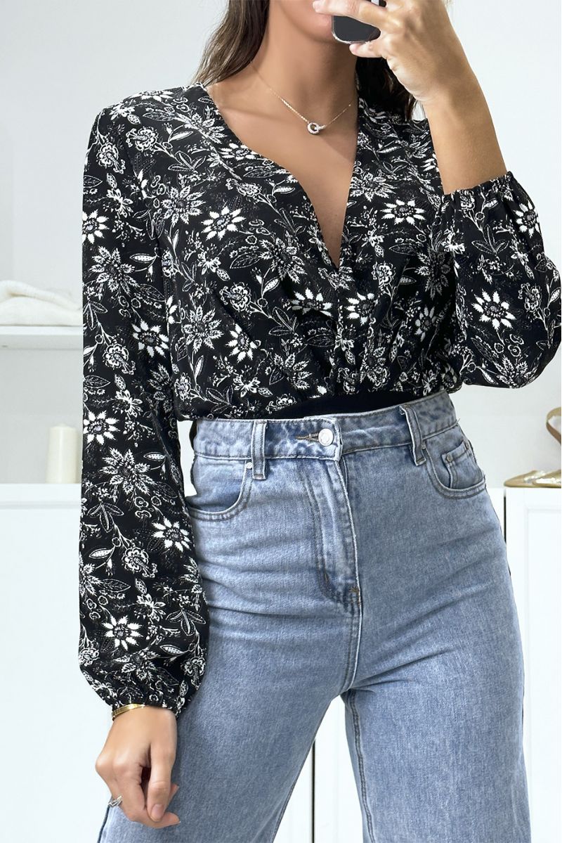 Black and white wrap bodysuit with floral pattern - 1
