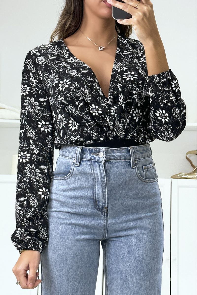 Black and white wrap bodysuit with floral pattern - 2