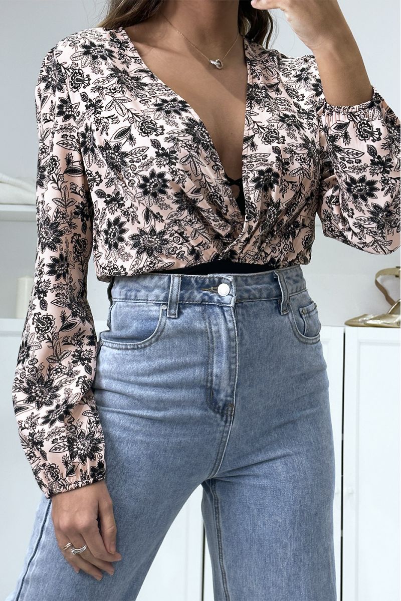 Pink and black wrap bodysuit with floral pattern - 1