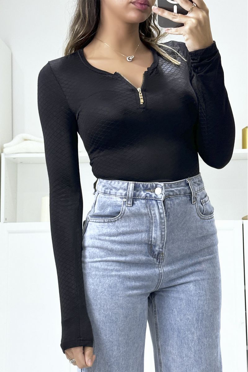 Long-sleeved black bodysuit with pattern and zip - 3