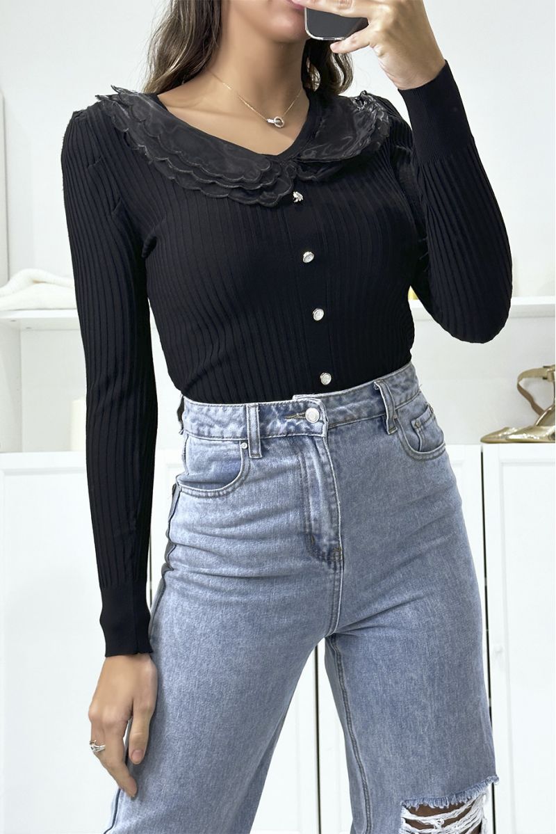 Black ribbed top with peter pan collar and gold buttons - 1